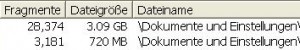 Beispiel: vor der Komprimierung hat der Posteingang 3,09GB und 28.374 Fragmenten