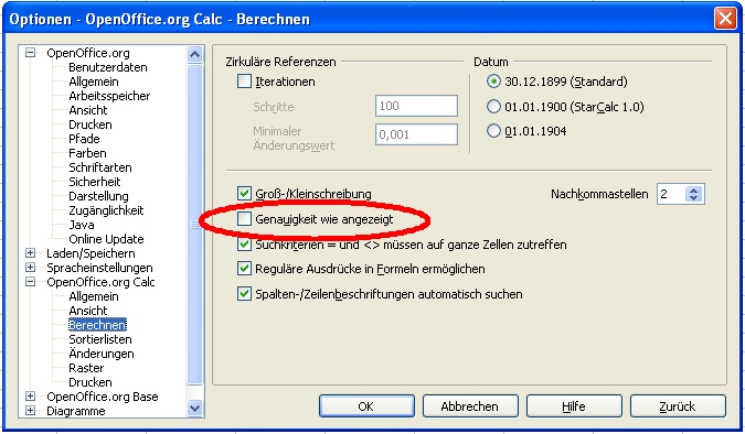 Genauigkeit wie Angezeigt - die Option in OpenOffice.org Calc