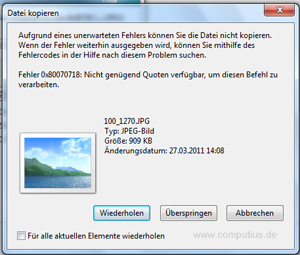 Fehler 0x80070718: Nicht genügend Quoten verfügbar, um diesen Befehl zu verarbeiten